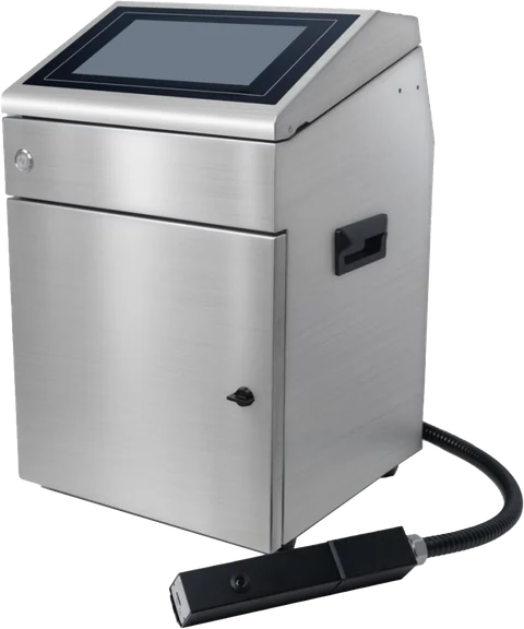 DaVinci DV-C500 continuous inkjet printer: stainless-steel cabinet with touchscreen and printhead on a flexible conduit.