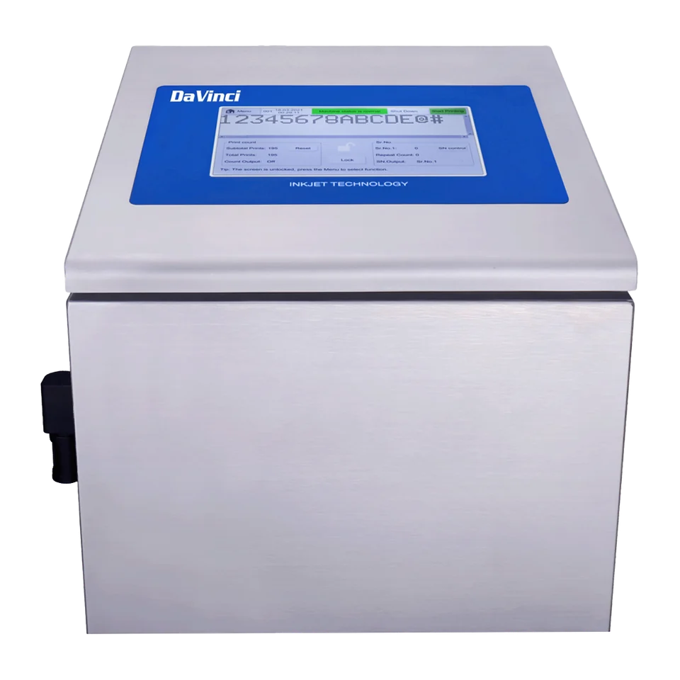 DaVinci DV-L500 large-character printer: stainless-steel cabinet with a blue DaVinci touchscreen panel.